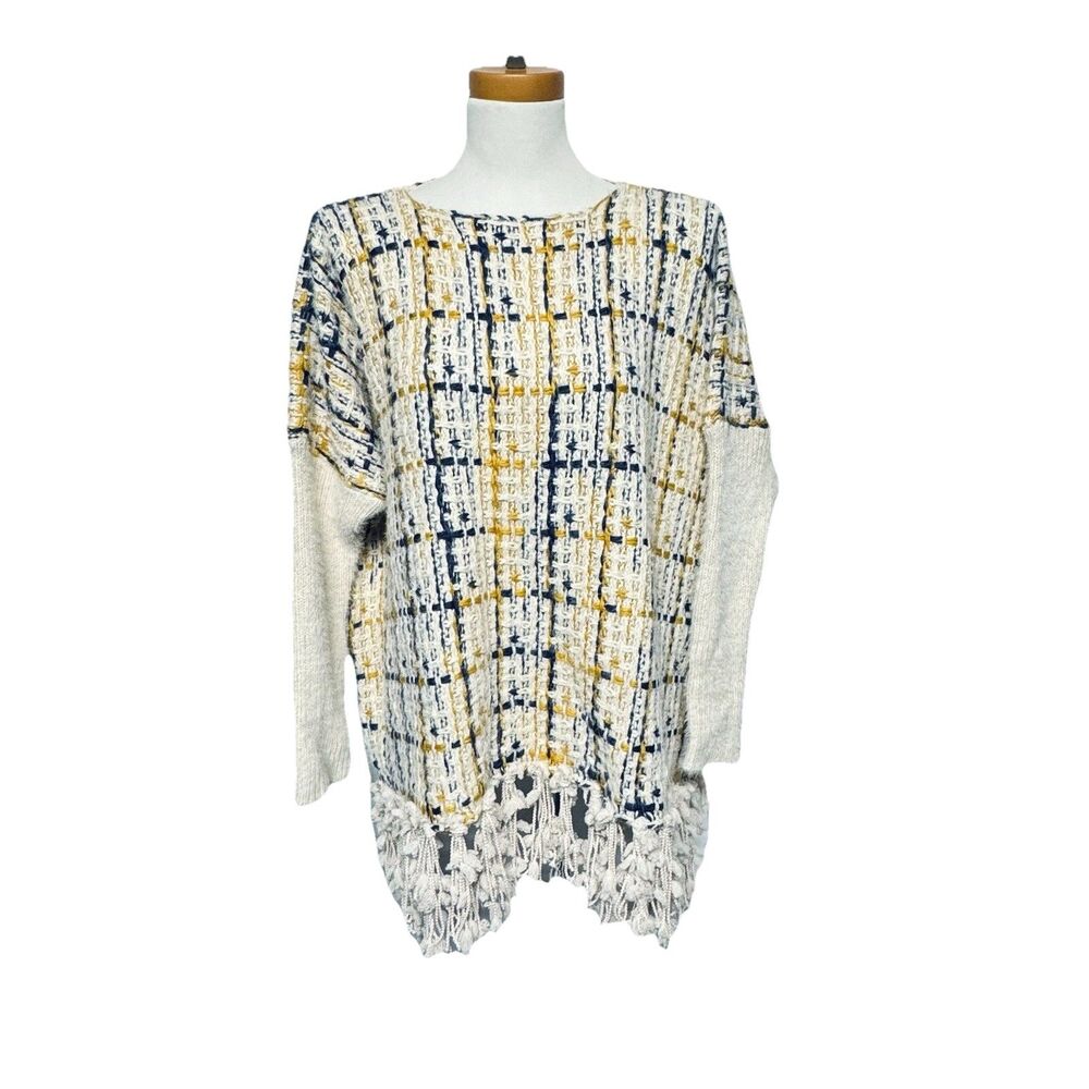 Tea N Rose Fringe Sweater Blue Gold Cream w Metallic Women's One Size Fits Most